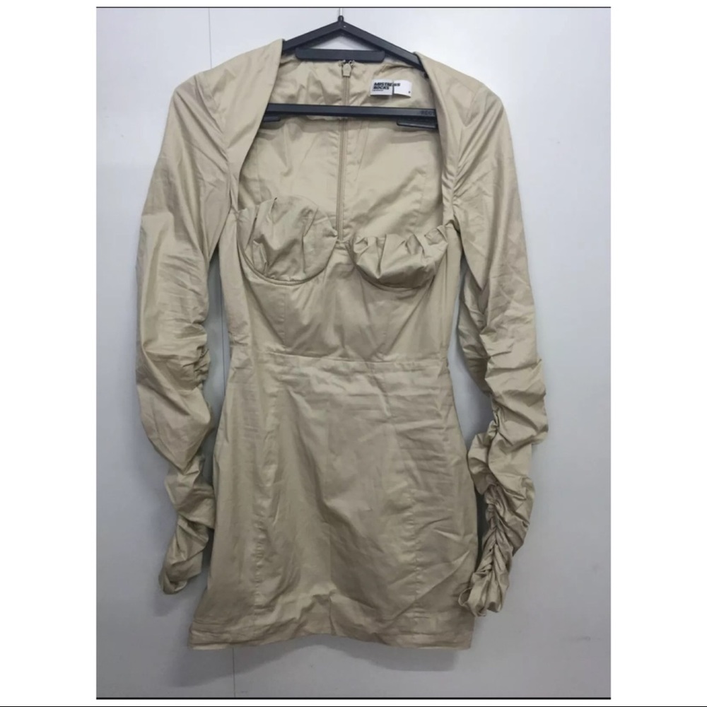 MISTRESS ROCKS 'Star Crossed' Beige Ruched Sleeve Mini Dress S - Picture 6 of 9